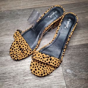 QUPID Leopard Print Open Toe Block Heel